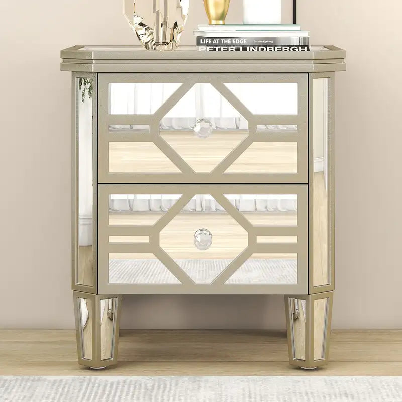 Elegant Mirrored Side Table with Gold Accents - 2 Drawers