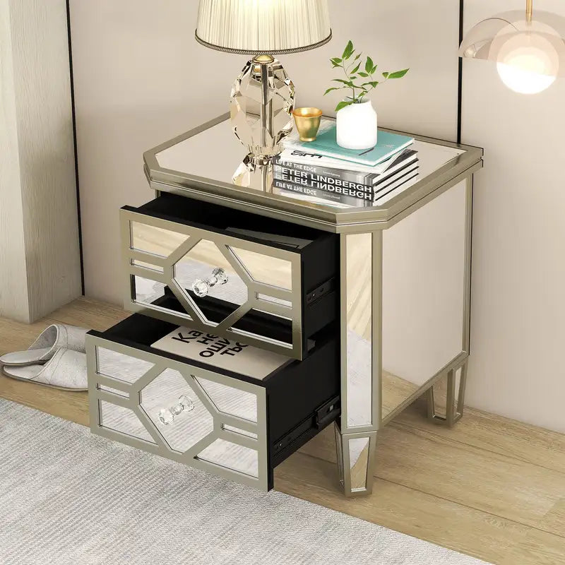 Elegant Mirrored Side Table with Gold Accents - 2 Drawers