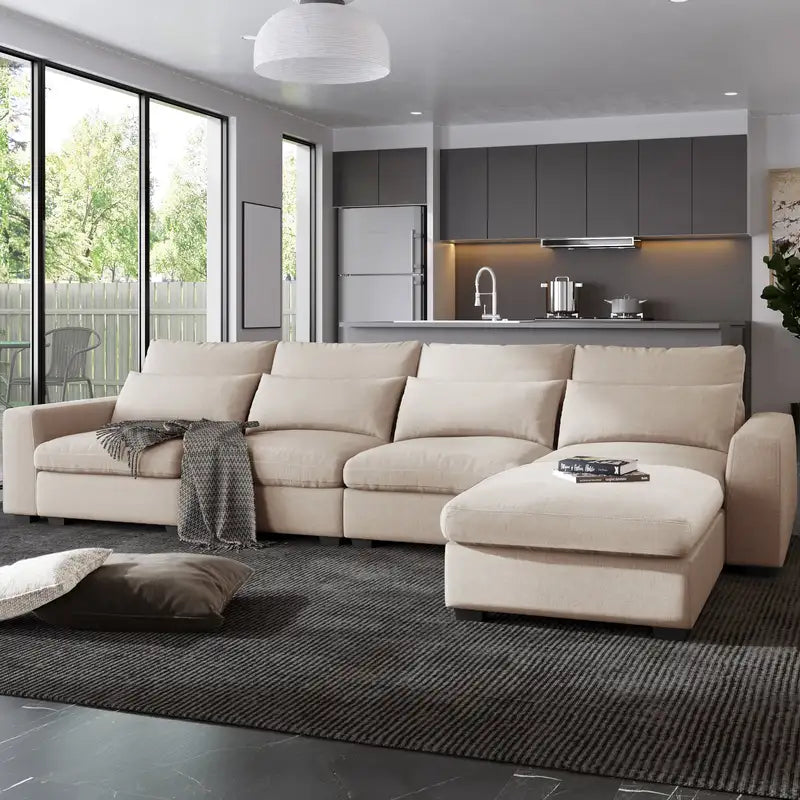 Modern L-Shaped Feather Filled Sectional Sofa with Reversible Chaise