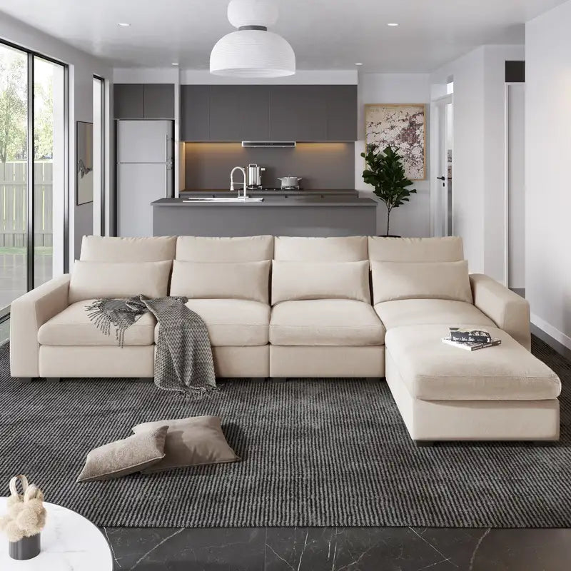 Modern L-Shaped Feather Filled Sectional Sofa with Reversible Chaise