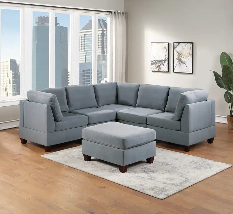 Grey Linen Sectional Sofa Set - 6pc Modular Corner Couch with Ottoman