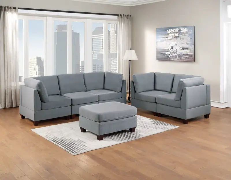 Grey Linen Modular Sofa Set: 6pc Living Room Furniture with Ottoman