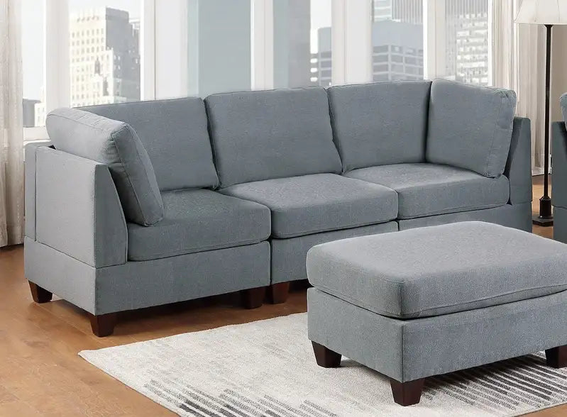 Grey Linen Modular Sofa Set: 6pc Living Room Furniture with Ottoman