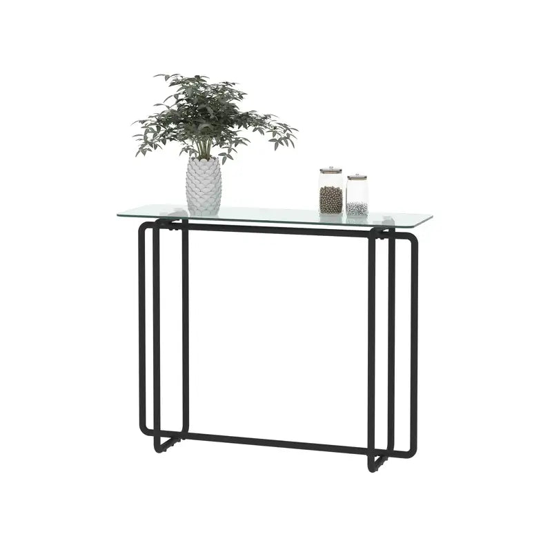 Black Glass Console Table - Modern Rectangular Porch Table with Tempered Glass Top