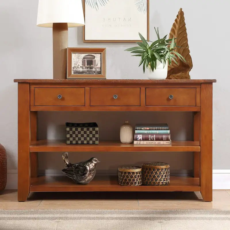 Modern Console Table with 3 Drawers & 2 Shelves - 48" Solid Pine Wood (Brown)