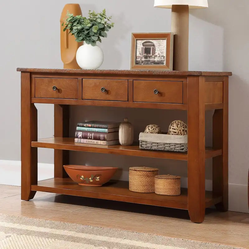 Modern Console Table with 3 Drawers & 2 Shelves - 48" Solid Pine Wood (Brown)