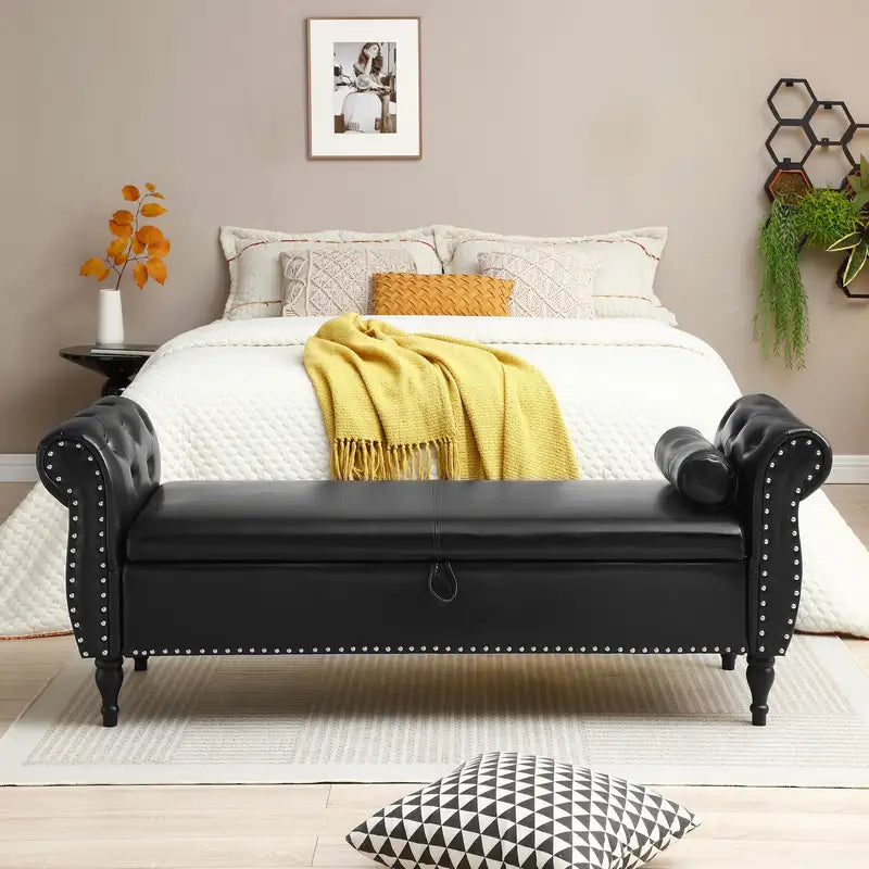 63" Upholstered Storage Ottoman Bench with Flip Top & Pillow - Black