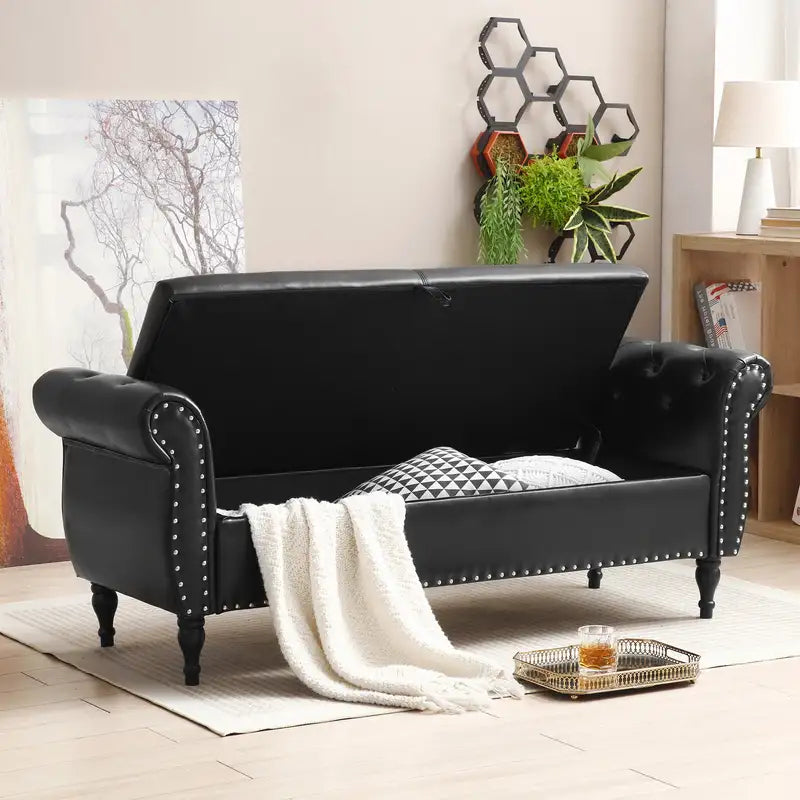 63" Upholstered Storage Ottoman Bench with Flip Top & Pillow - Black