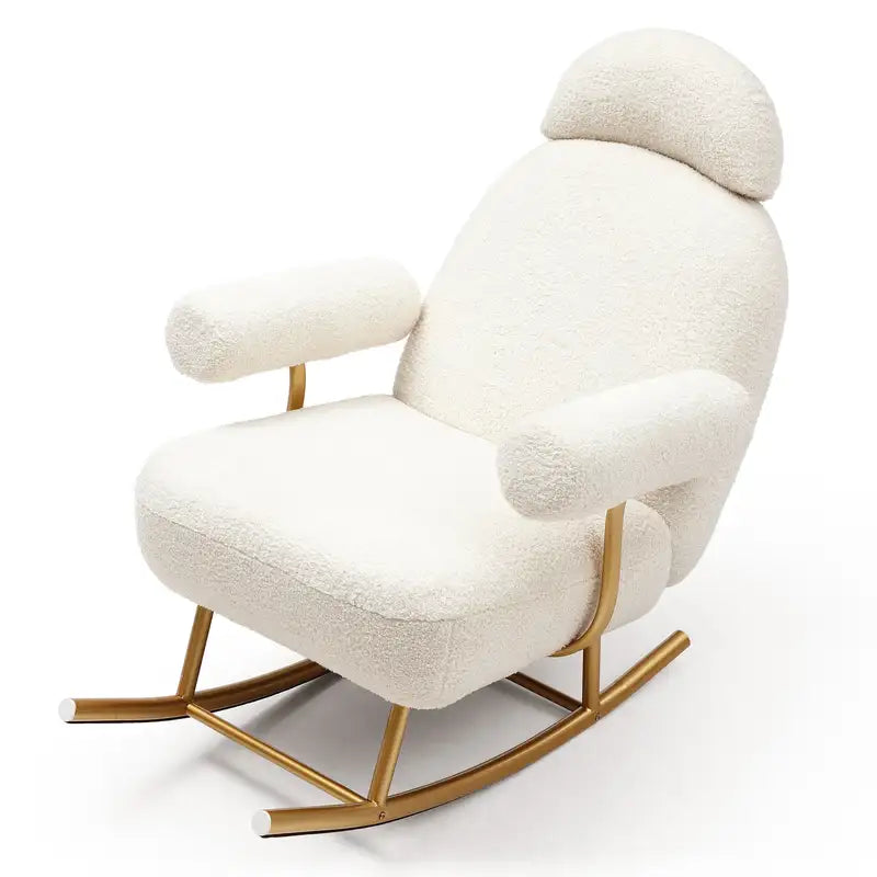 Beige Sherpa Nursery Rocking Chair - Gold Metal Frame Glider