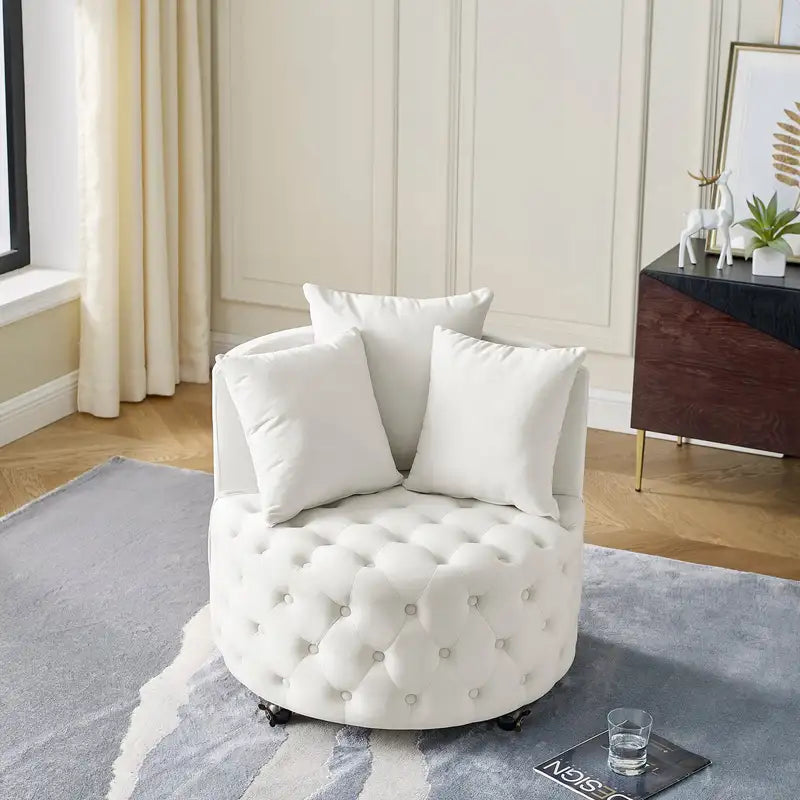 Beige Velvet Swivel Chair, Tufted, 3 Pillows, Living Room