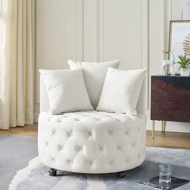 Beige Velvet Swivel Chair, Tufted, 3 Pillows, Living Room