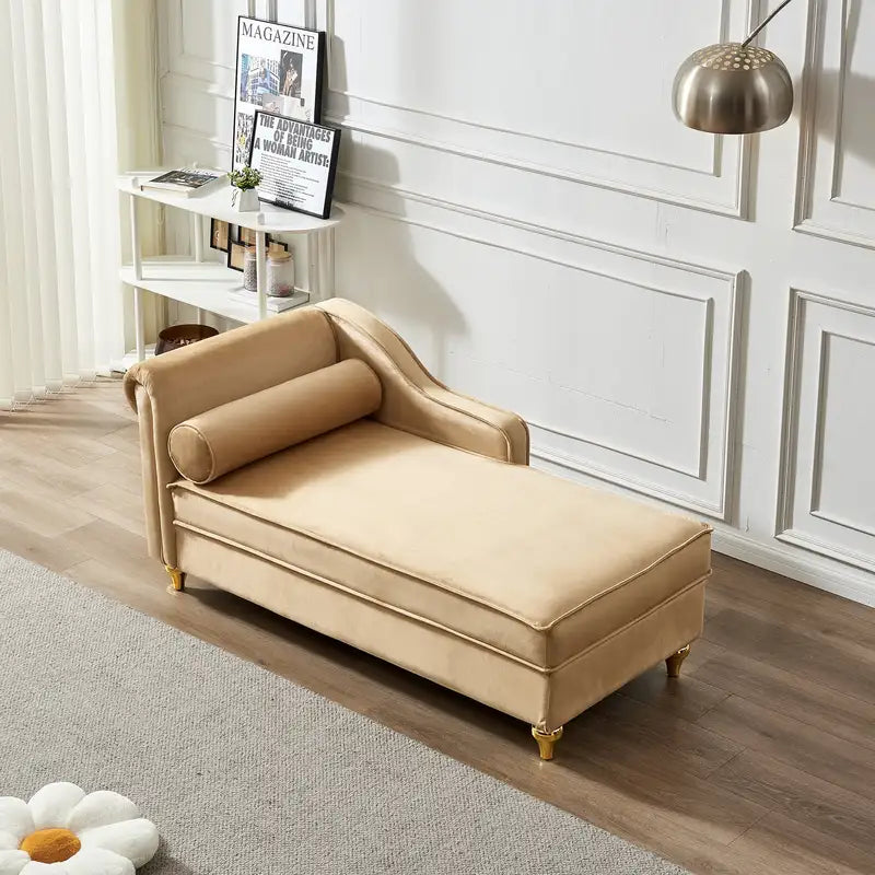 Khaki Velvet Chaise Lounge Chair with Storage - Modern Design