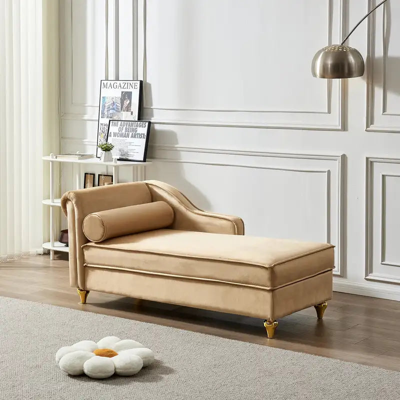 Khaki Velvet Chaise Lounge Chair with Storage - Modern Design