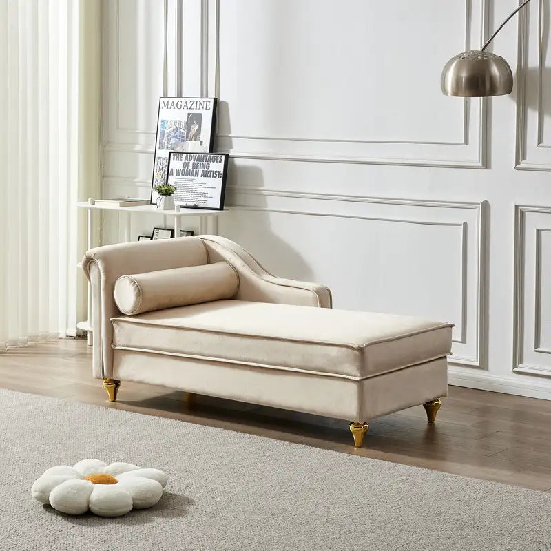 Beige Velvet Chaise Lounge with Storage - Modern Upholstery Chair