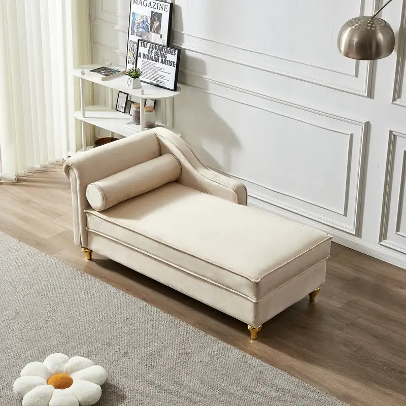 Beige Velvet Chaise Lounge with Storage - Modern Upholstery Chair