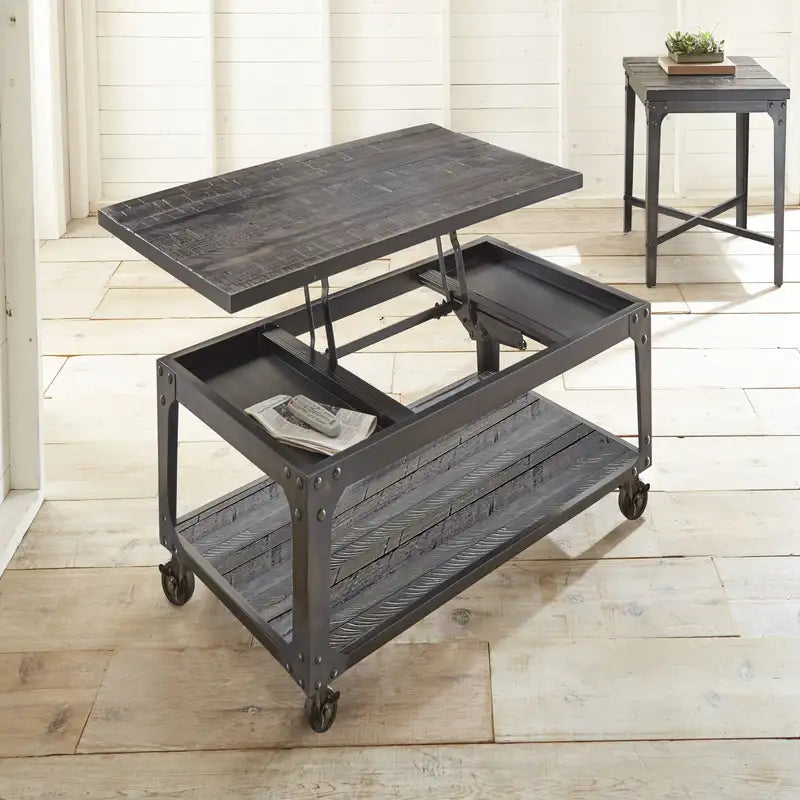 Rustic Industrial Lift Top Coffee Table with Metal Frame & Locking Casters