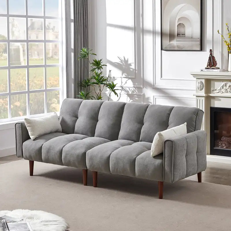 Grey Linen Futon Sofa Bed with Wooden Legs - Convertible Couch Sleeper