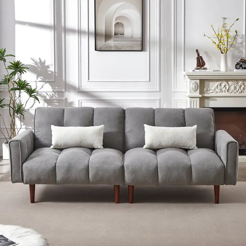 Grey Linen Futon Sofa Bed with Wooden Legs - Convertible Couch Sleeper