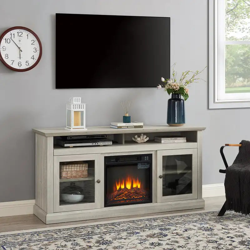 60" Modern TV Stand with Fireplace Insert & Storage - Stone Gray, Fits TVs up to 65"