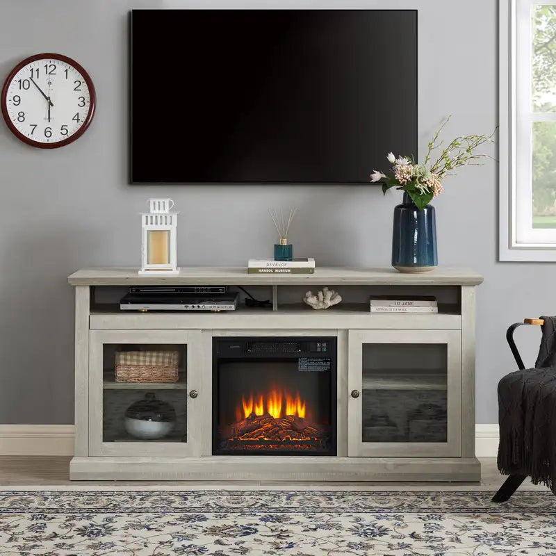 60" Modern TV Stand with Fireplace Insert & Storage - Stone Gray, Fits TVs up to 65"