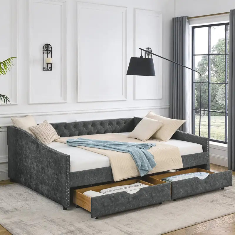 Grey Queen Daybed with Drawers, Tufted Upholstery & Copper Nailhead Trim