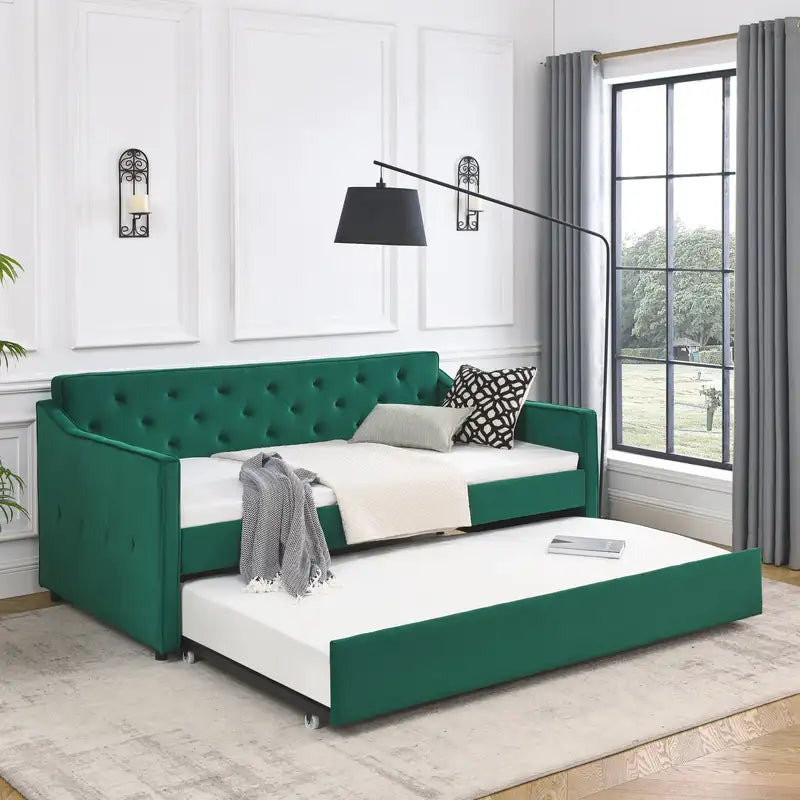 Twin Daybed with Trundle & Upholstered Sofa Bed - Waved Arms