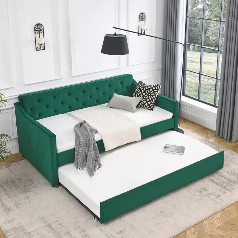 Twin Daybed with Trundle & Upholstered Sofa Bed - Waved Arms