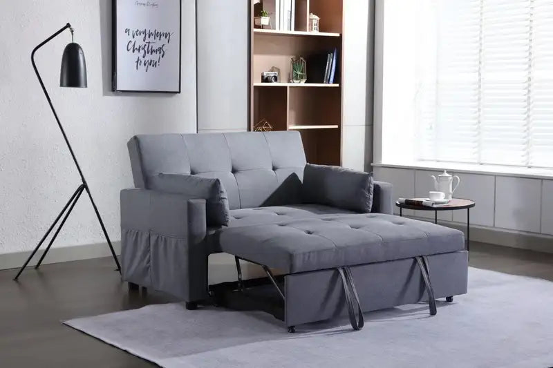 Dark Grey Linen Sleeper Sofa Bed - 2 Seater Convertible Loveseat