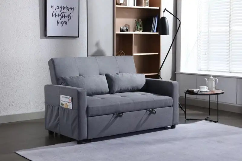 Dark Grey Linen Sleeper Sofa Bed - 2 Seater Convertible Loveseat