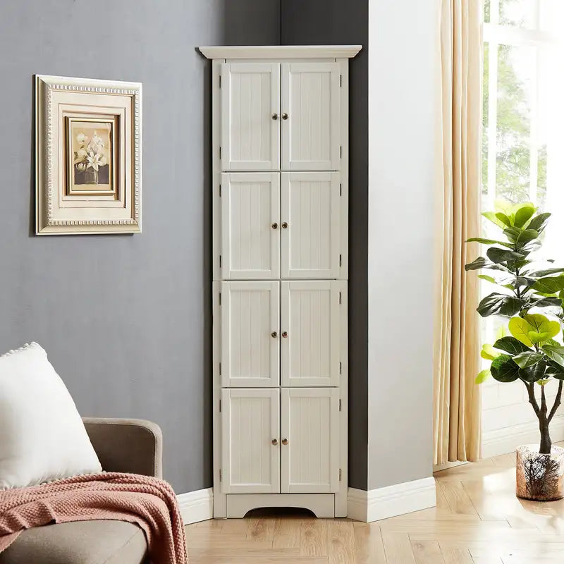 White Tall Storage Cabinet - 4 Shelves, Modern Design