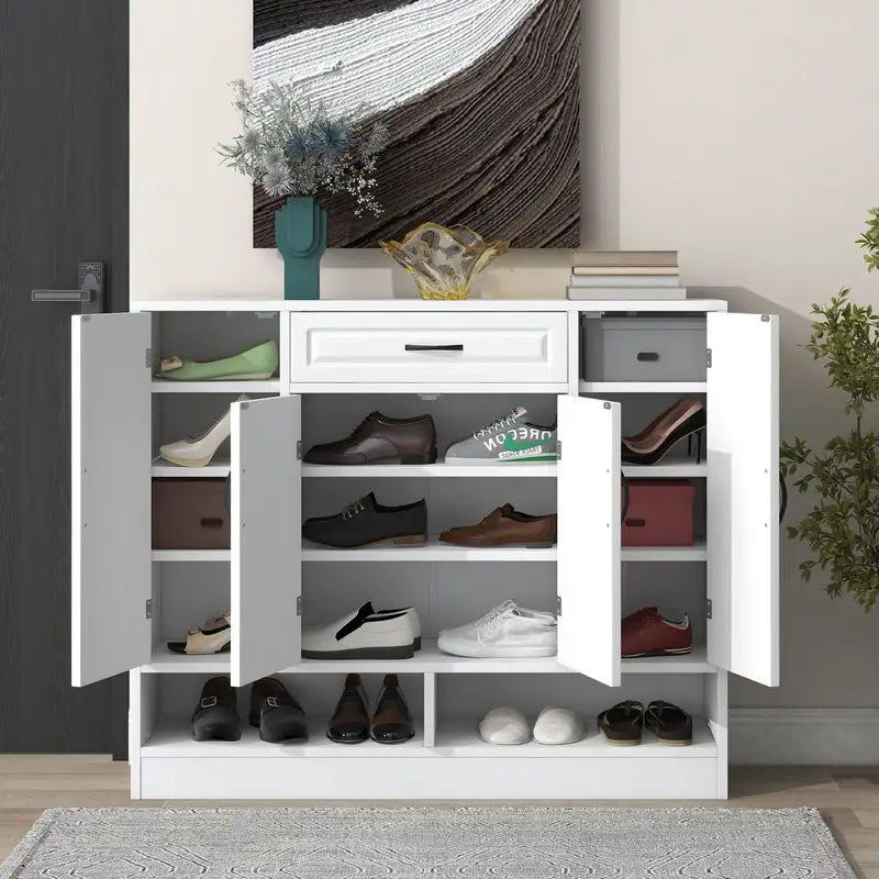 White Shoe Cabinet with Adjustable Shelves - Modern Minimalist Shoe Storage