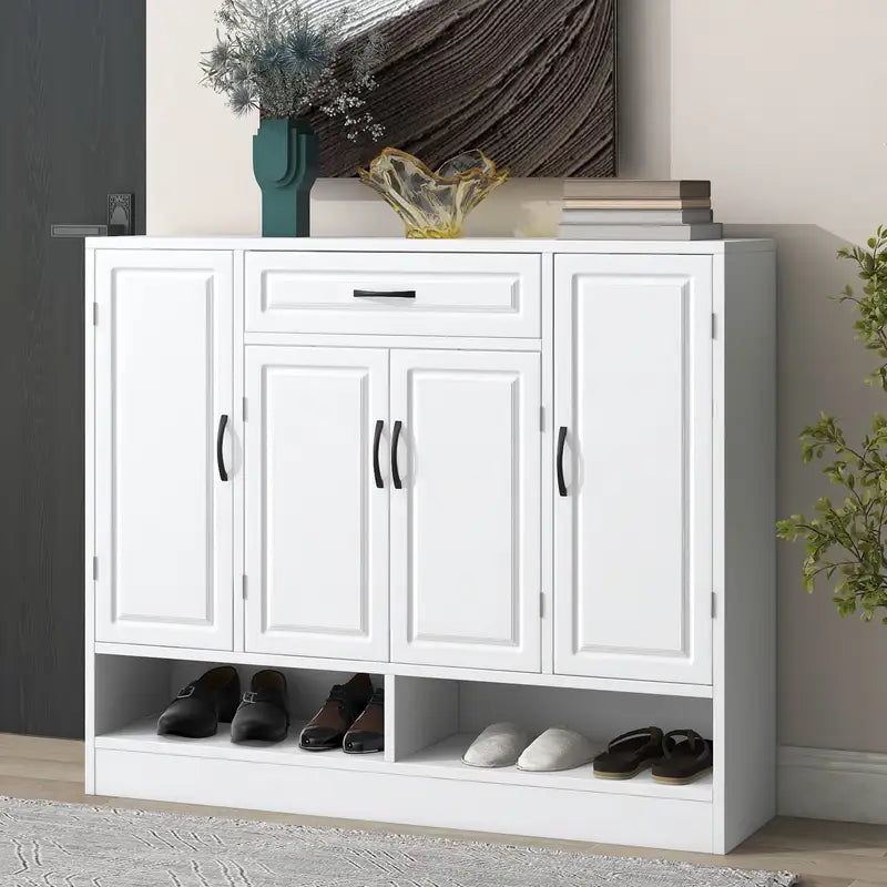 White Shoe Cabinet with Adjustable Shelves - Modern Minimalist Shoe Storage