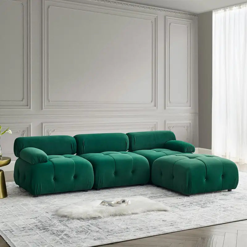 L-Shaped Green Velvet Sectional Sofa with Reversible Ottoman