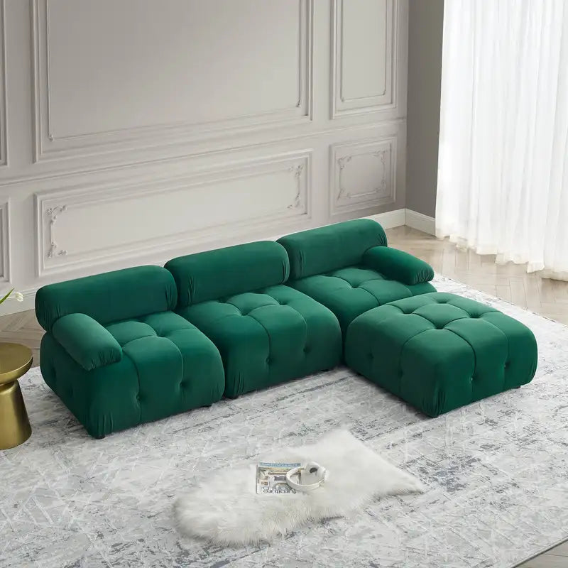 L-Shaped Green Velvet Sectional Sofa with Reversible Ottoman