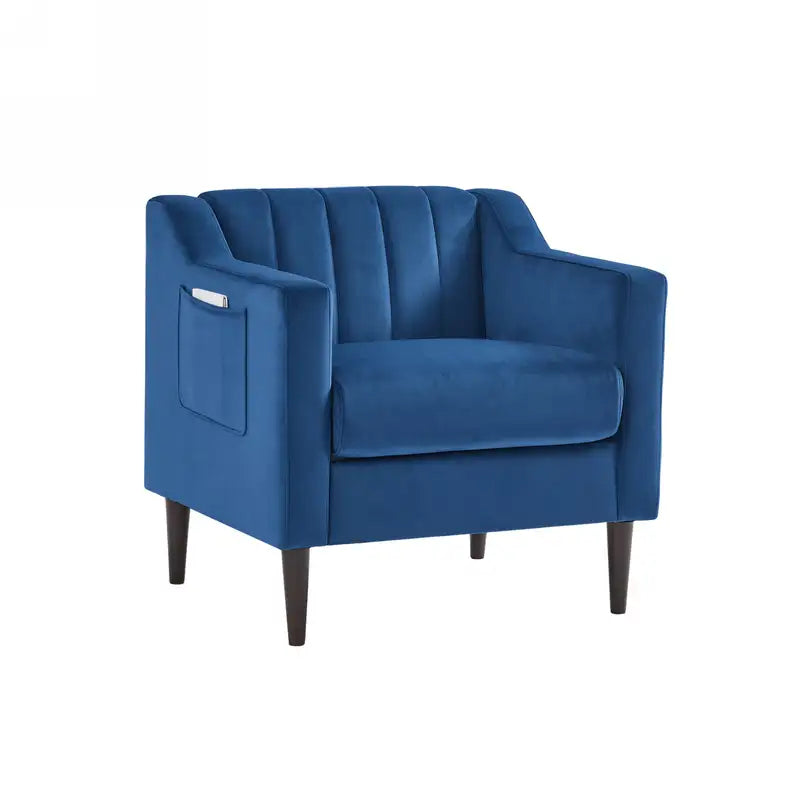 Blue Velvet Tufted Accent Chair - Modern Barrel Chair with Wood Legs