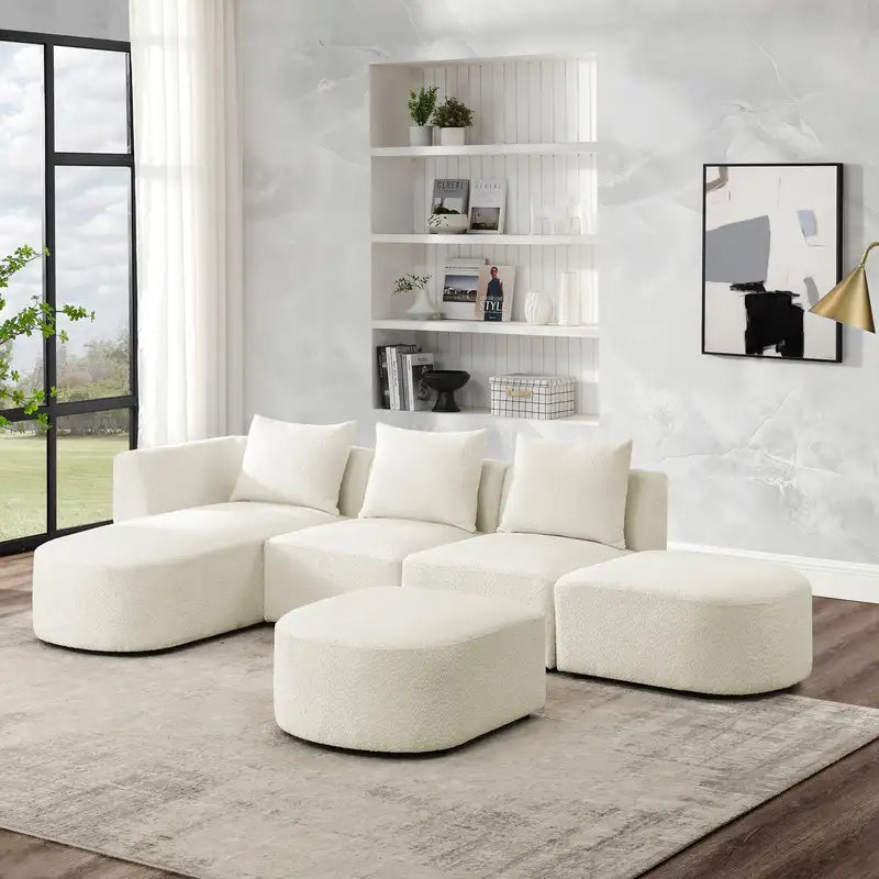 Beige L-Shaped Sectional Sofa with Ottoman & Chaise – Modular Design