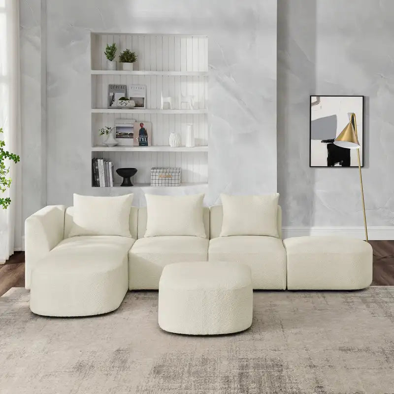 Beige L-Shaped Sectional Sofa with Ottoman & Chaise – Modular Design