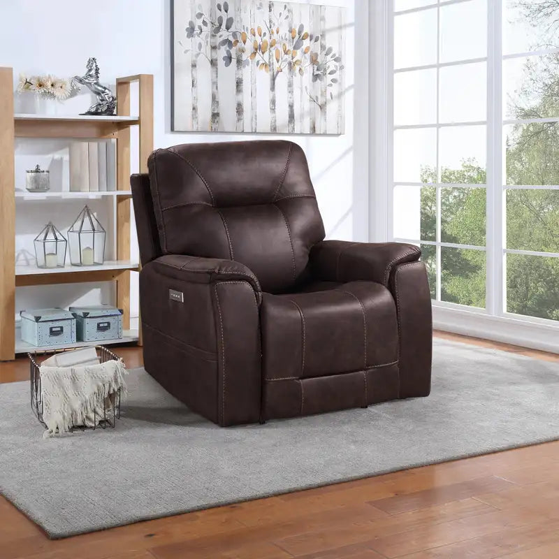 Power Recliner with Headrest, Footrest, Lumbar Support & Cupholders - Brown Leatherette