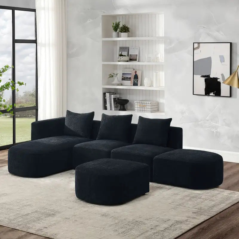 Black L-Shaped Sectional Sofa with Chaise & Ottomans - Modular & DIY