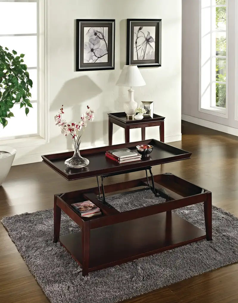 Lift Top Coffee Table with Storage & Casters - Merlot Cherry Finish