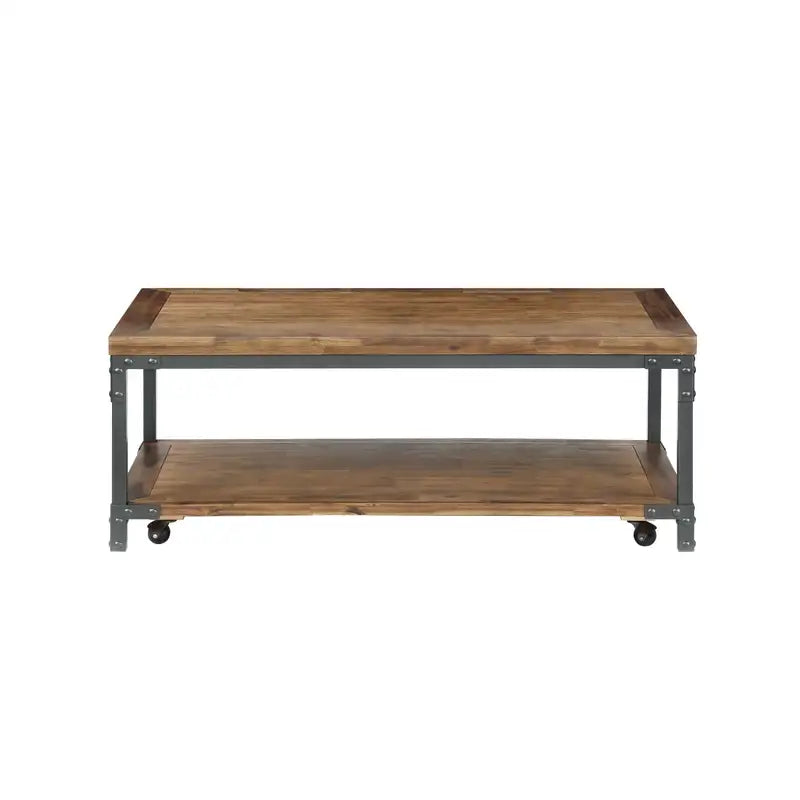 Rustic Industrial Cocktail Table with Bottom Shelf - Antiqued Honey Finish