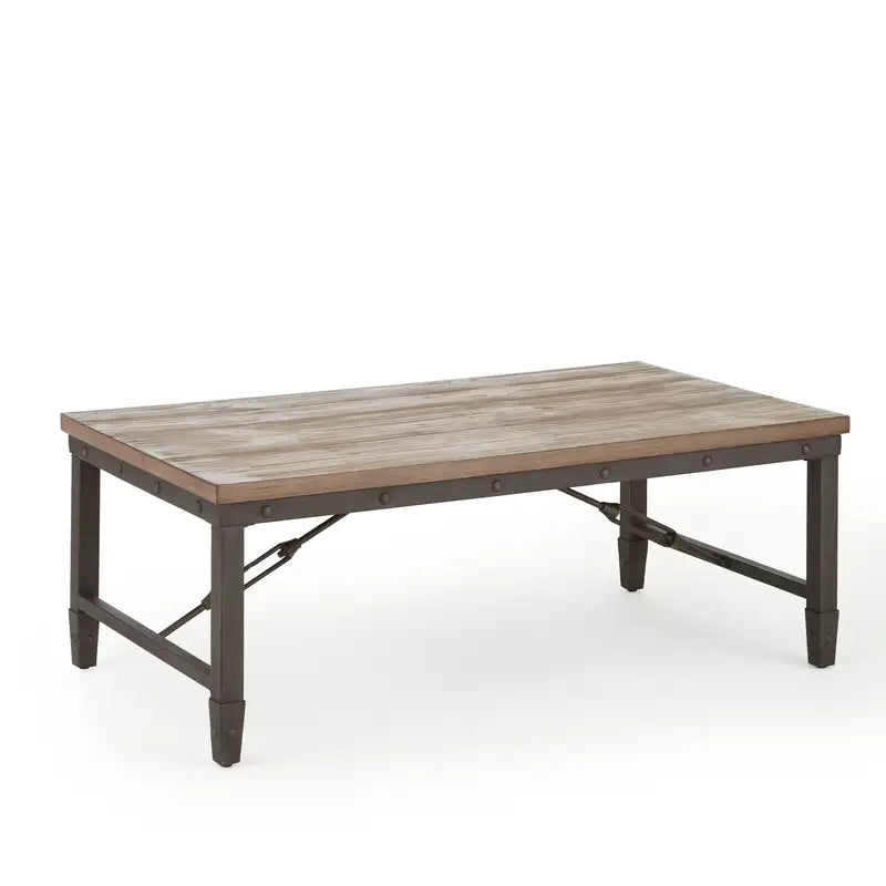 Rustic Vintage Cocktail Table, Antiqued Tobacco Finish, Iron Base