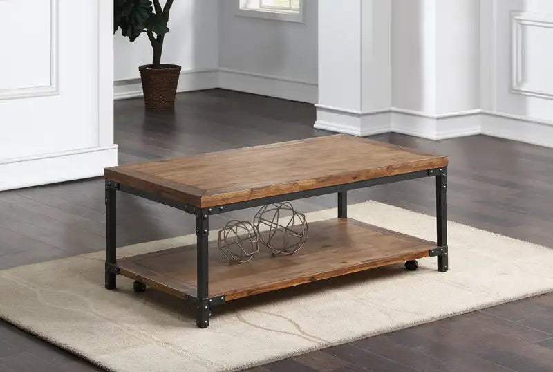 Rustic Industrial Cocktail Table with Bottom Shelf - Antiqued Honey Finish