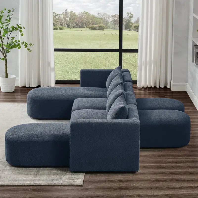 Navy U-Shaped Sectional Sofa with Ottomans - Modular & Customizable