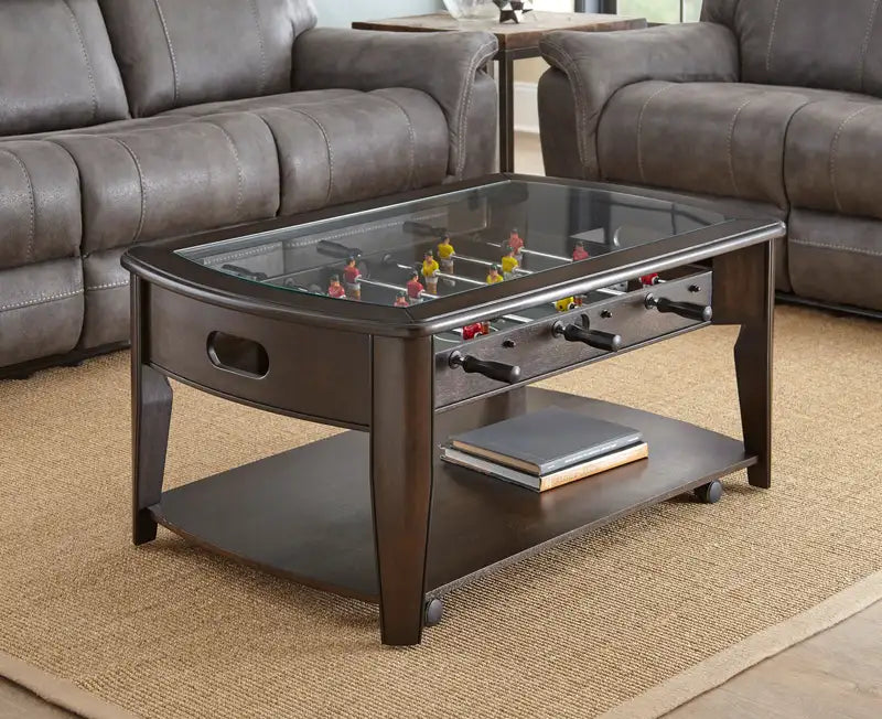 Foosball Cocktail Table with Tempered Glass & Locking Casters