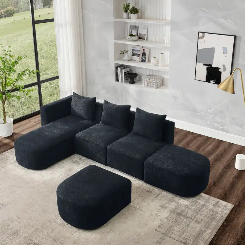 Black L-Shaped Sectional Sofa with Chaise & Ottomans - Modular & DIY