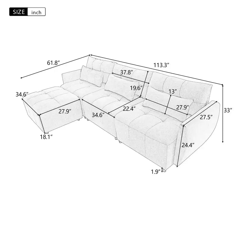 Beige L-Shaped Sectional Sofa with Ottoman & USB - 113.3" Convertible Couch