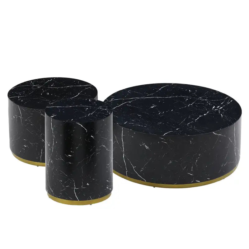 Black Marble Pattern Coffee Table Set (3-Piece) - Round End Tables for Living Room