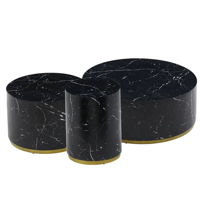 Black Marble Pattern Coffee Table Set (3-Piece) - Round End Tables for Living Room