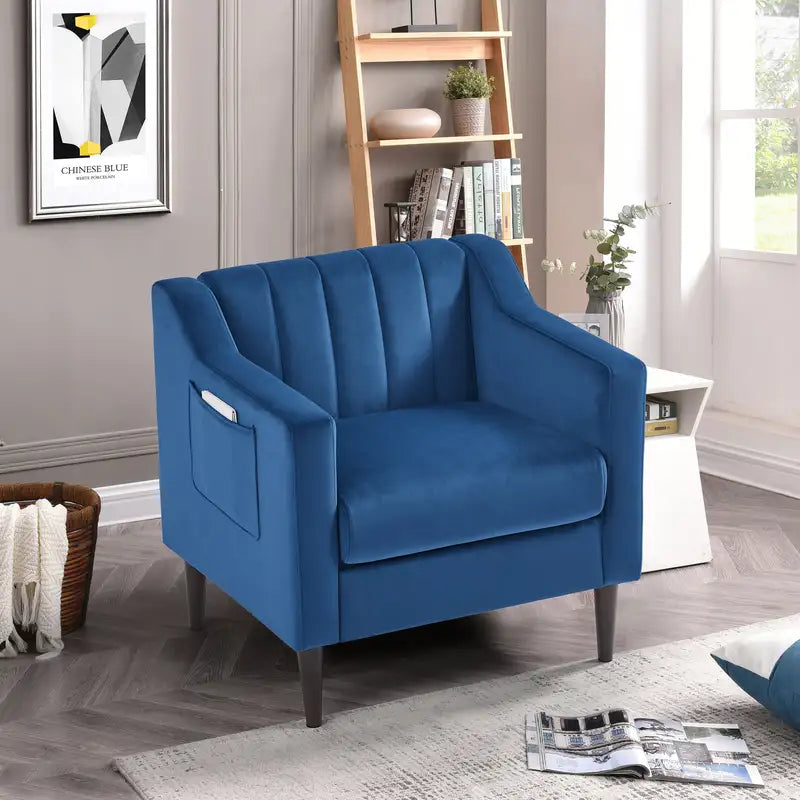 Blue Velvet Tufted Accent Chair - Modern Barrel Chair with Wood Legs